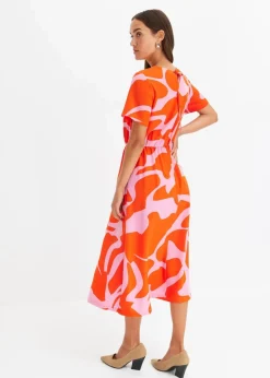bonprix Nachhaltigere Materialien|Kleider^Midikleid orangerot/pink graphisch bedruckt