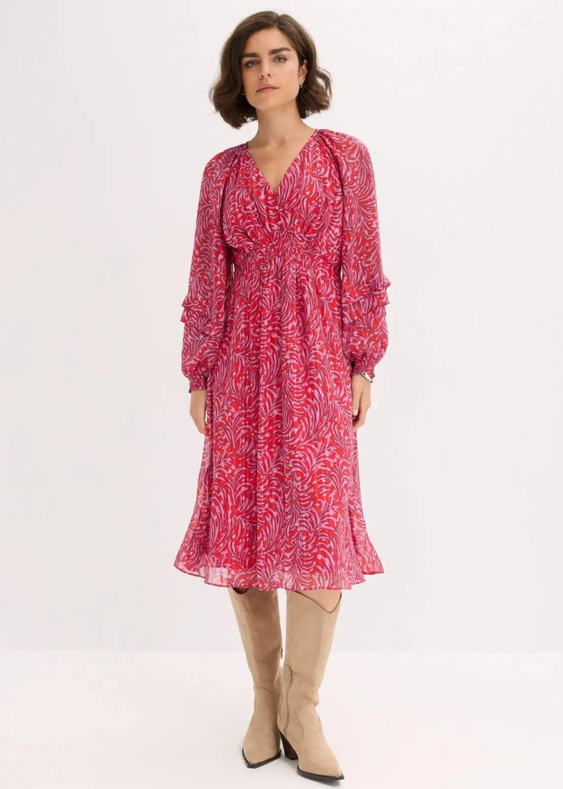 bonprix Kleider|Bekleidung·Pullover & Strickjacken^Midikleid rot/lila bedruckt
