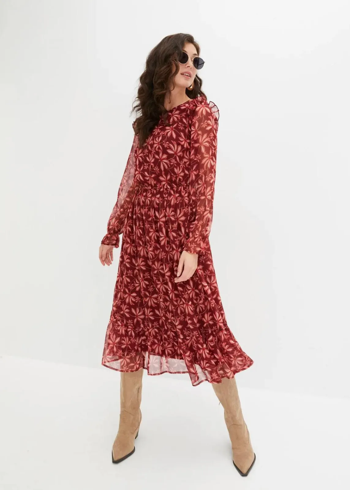 bonprix Nachhaltigere Materialien|Kleider^Midikleid rubinrot geblümt