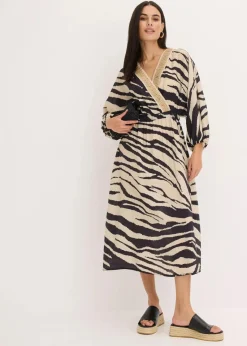 bonprix Bekleidung·Pullover & Strickjacken|Kleider^Midikleid aus fließendem Viskose-Mix schwarz/wollweiß zebra bedruckt