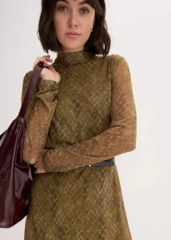 bonprix Bekleidung·Pullover & Strickjacken|Kleider^Midikleid aus feinem Mesh erdoliv/mistelgrün graphisch