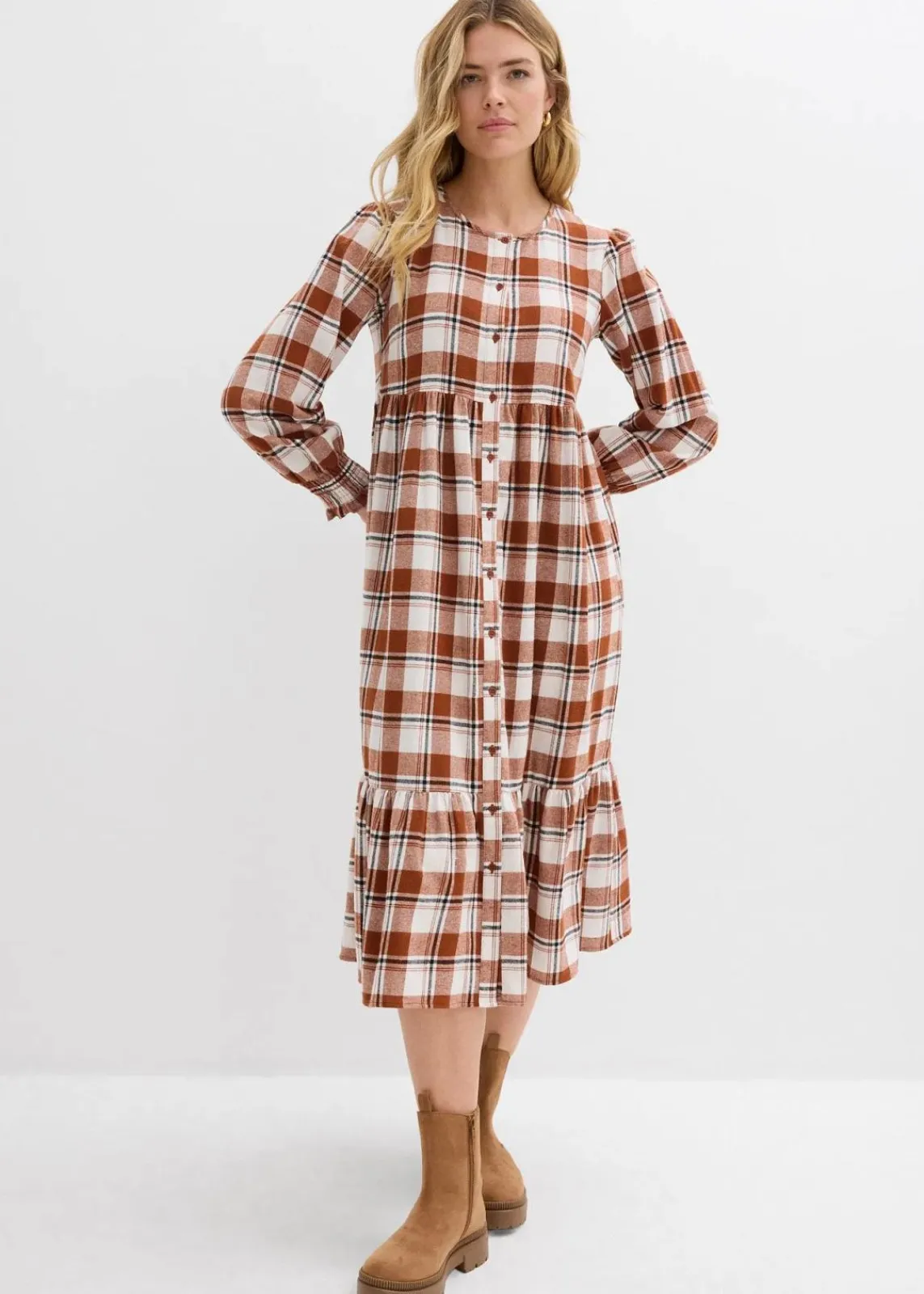 bonprix Bekleidung·Pullover & Strickjacken|Kleider^Midikleid aus Flanell ziegelbraun kariert
