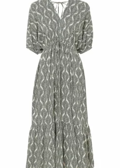 bonprix Bekleidung·Pullover & Strickjacken|Kleider^Midikleid aus fließender Viskose dunkelgrün/sandbeige graphisch