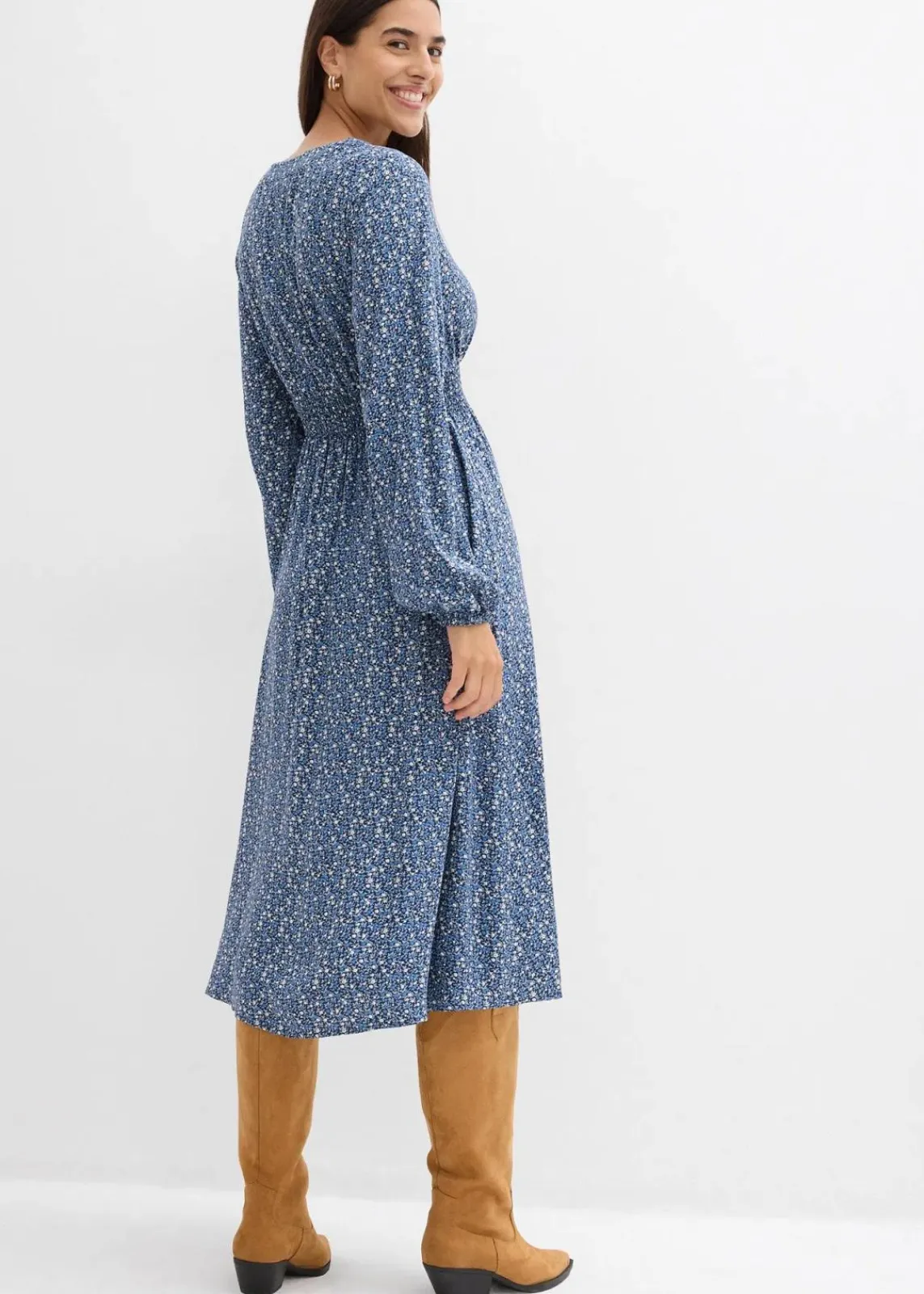 bonprix Bekleidung·Pullover & Strickjacken|Kleider^Midikleid aus fließender Viskose dunkelblau bedruckt