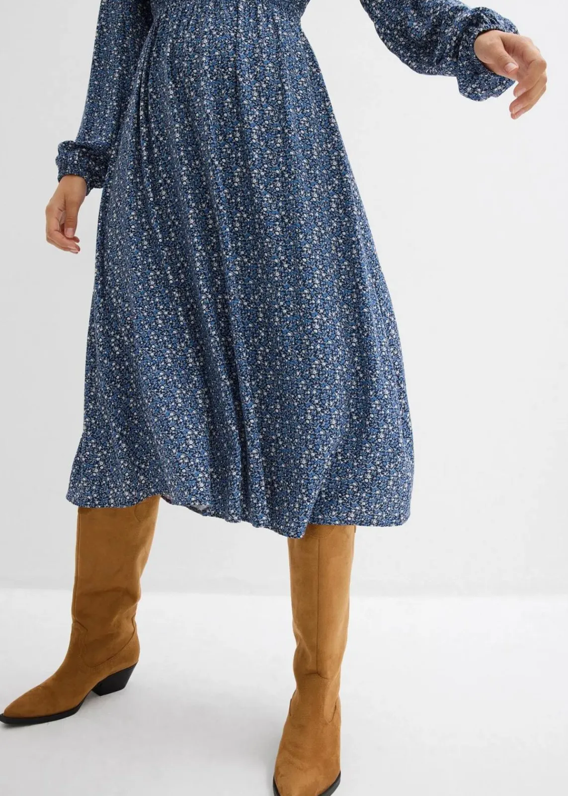 bonprix Bekleidung·Pullover & Strickjacken|Kleider^Midikleid aus fließender Viskose dunkelblau bedruckt