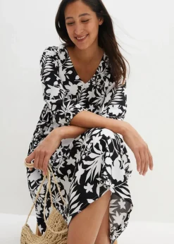 bonprix Bekleidung·Pullover & Strickjacken|Kleider^Midikleid aus fließender Viskose schwarz/weiß floral