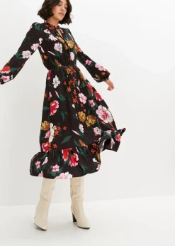bonprix Bekleidung·Pullover & Strickjacken|Nachhaltigere Materialien^Midikleid aus fließender Viskose schwarz floral