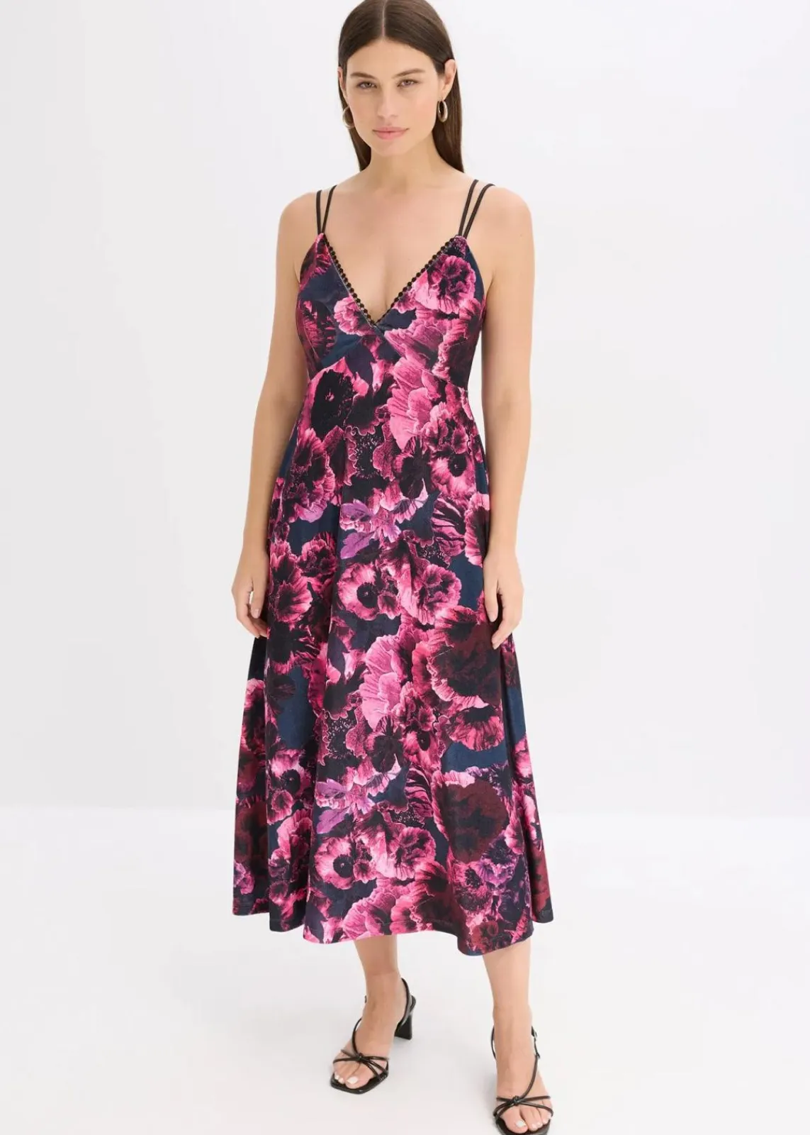 bonprix Bekleidung·Pullover & Strickjacken|Festliche Mode^Midikleid aus glänzendem Samt schwarz/lila floral