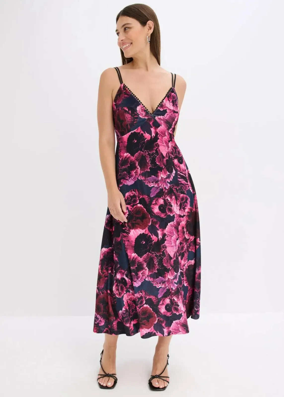 bonprix Bekleidung·Pullover & Strickjacken|Festliche Mode^Midikleid aus glänzendem Samt schwarz/lila floral