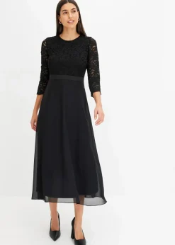 bonprix Kleider|Festliche Mode^Midikleid aus leichtem Chiffon mit Spitzen-Oberteil schwarz