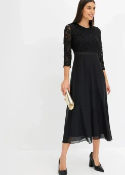 bonprix Kleider|Festliche Mode^Midikleid aus leichtem Chiffon mit Spitzen-Oberteil schwarz