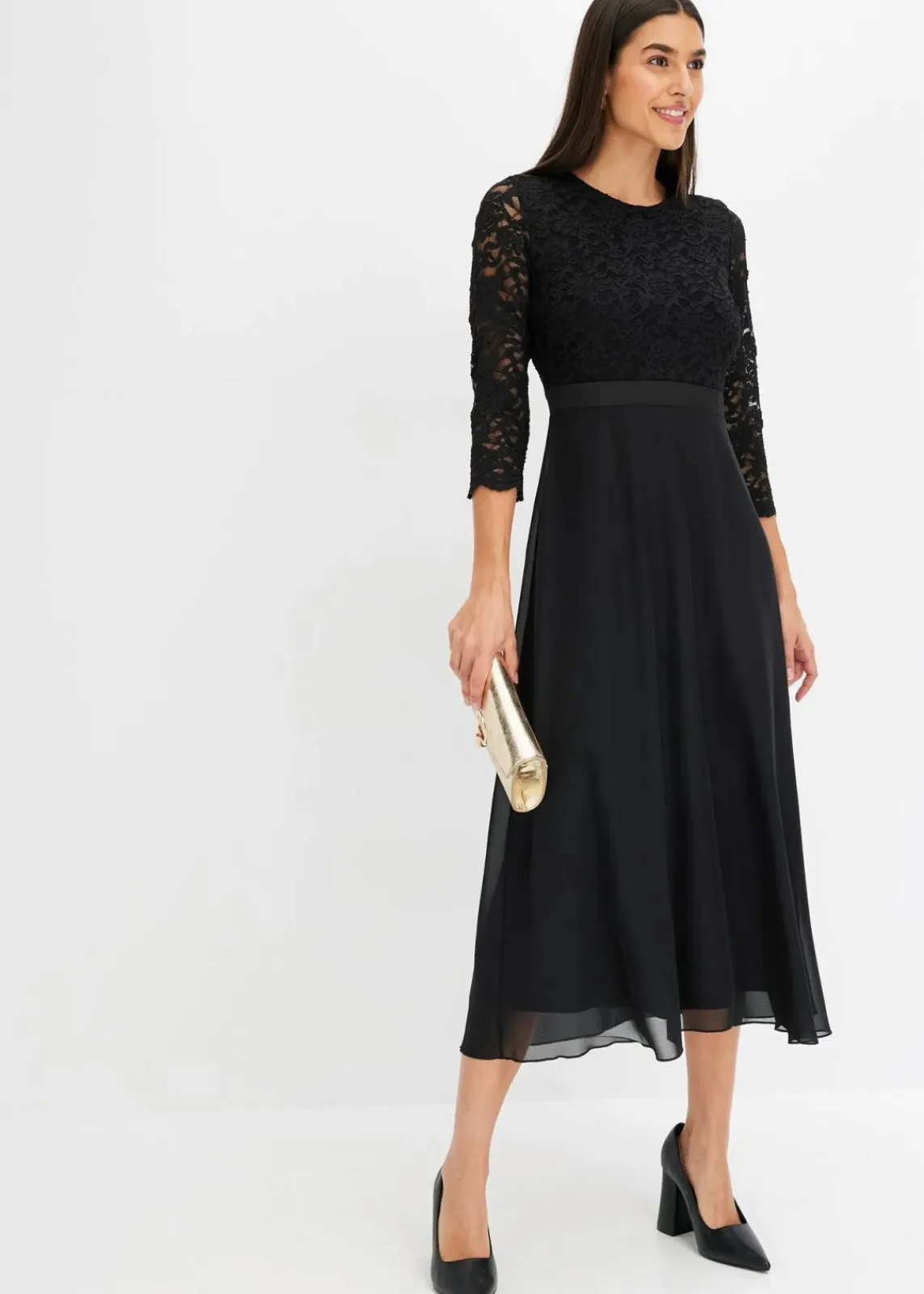 bonprix Kleider|Festliche Mode^Midikleid aus leichtem Chiffon mit Spitzen-Oberteil schwarz