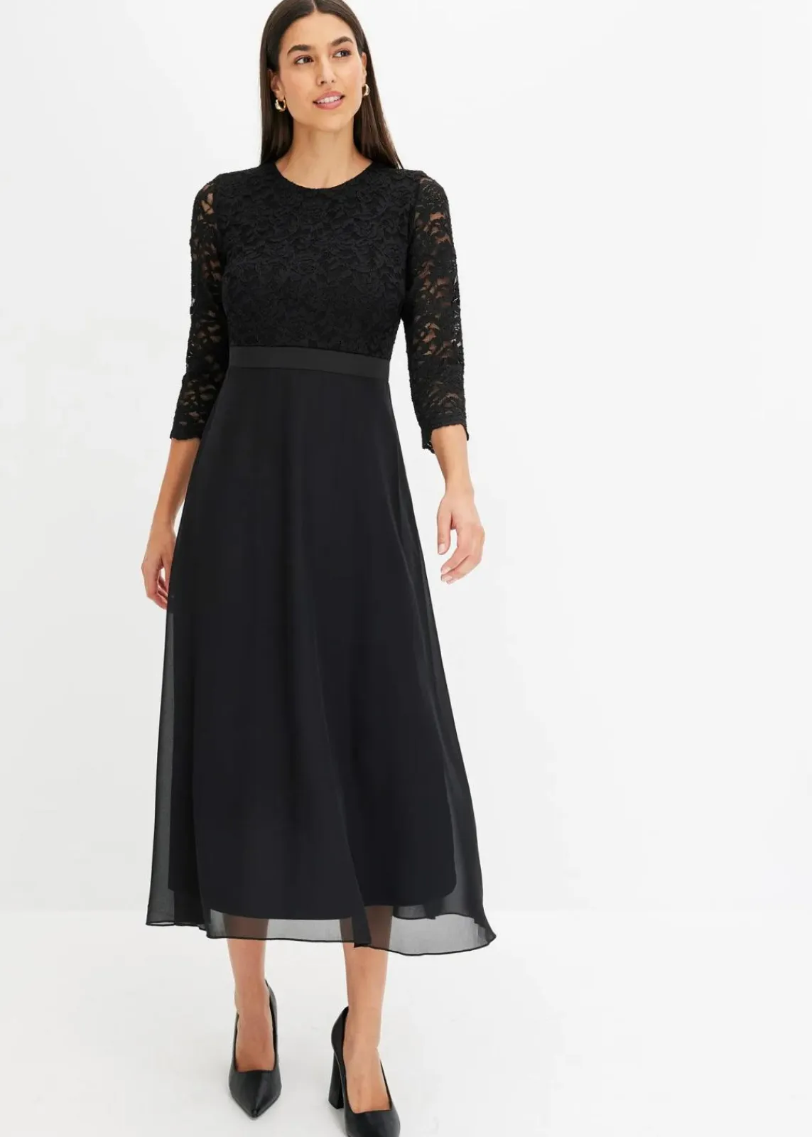 bonprix Kurzgrößen|Bekleidung·Pullover & Strickjacken^Midikleid aus leichtem Chiffon mit Spitzen-Oberteil schwarz
