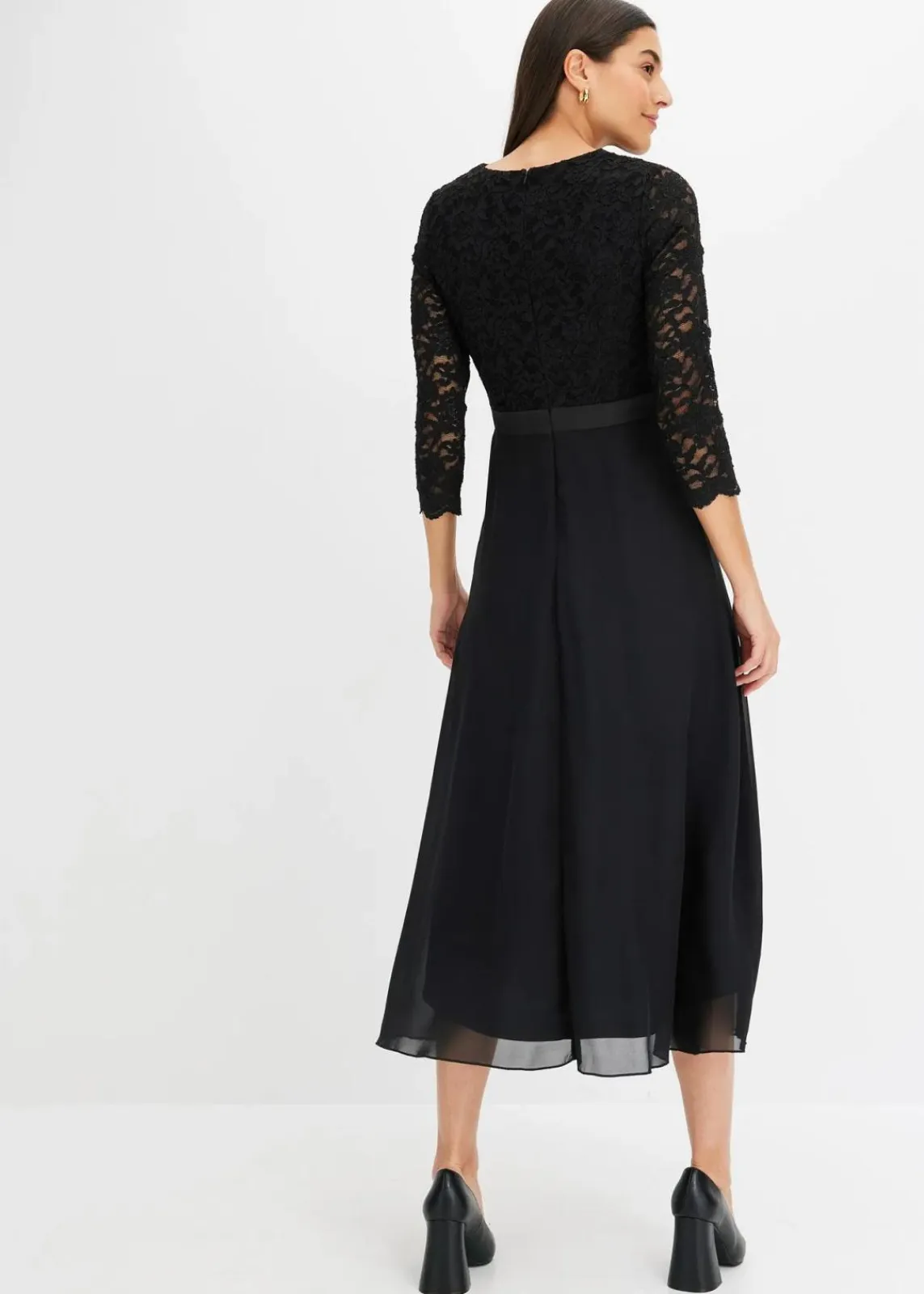 bonprix Kurzgrößen|Bekleidung·Pullover & Strickjacken^Midikleid aus leichtem Chiffon mit Spitzen-Oberteil schwarz