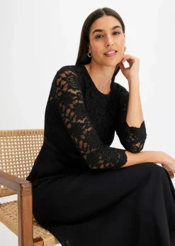 bonprix Kurzgrößen|Bekleidung·Pullover & Strickjacken^Midikleid aus leichtem Chiffon mit Spitzen-Oberteil schwarz
