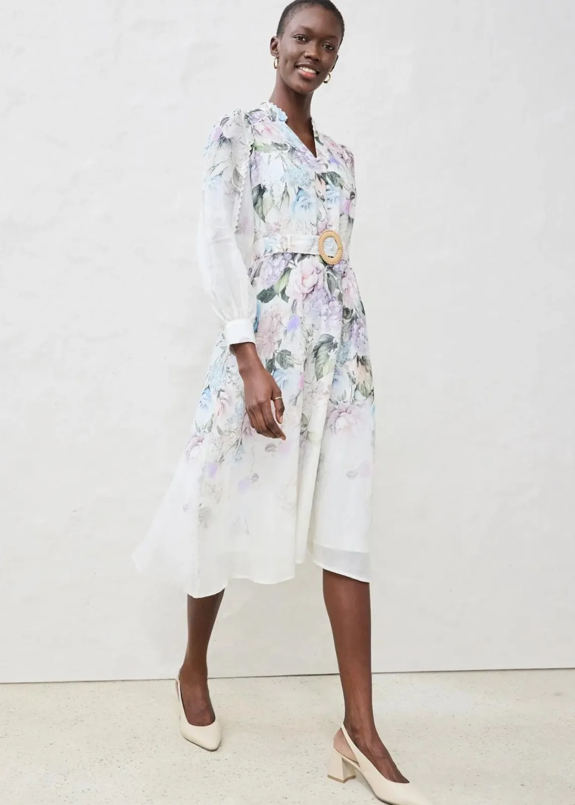 bonprix Premium|Kleider^Midikleid aus Ramie (2 tlg.Set mit Gürtel) puderflieder floral