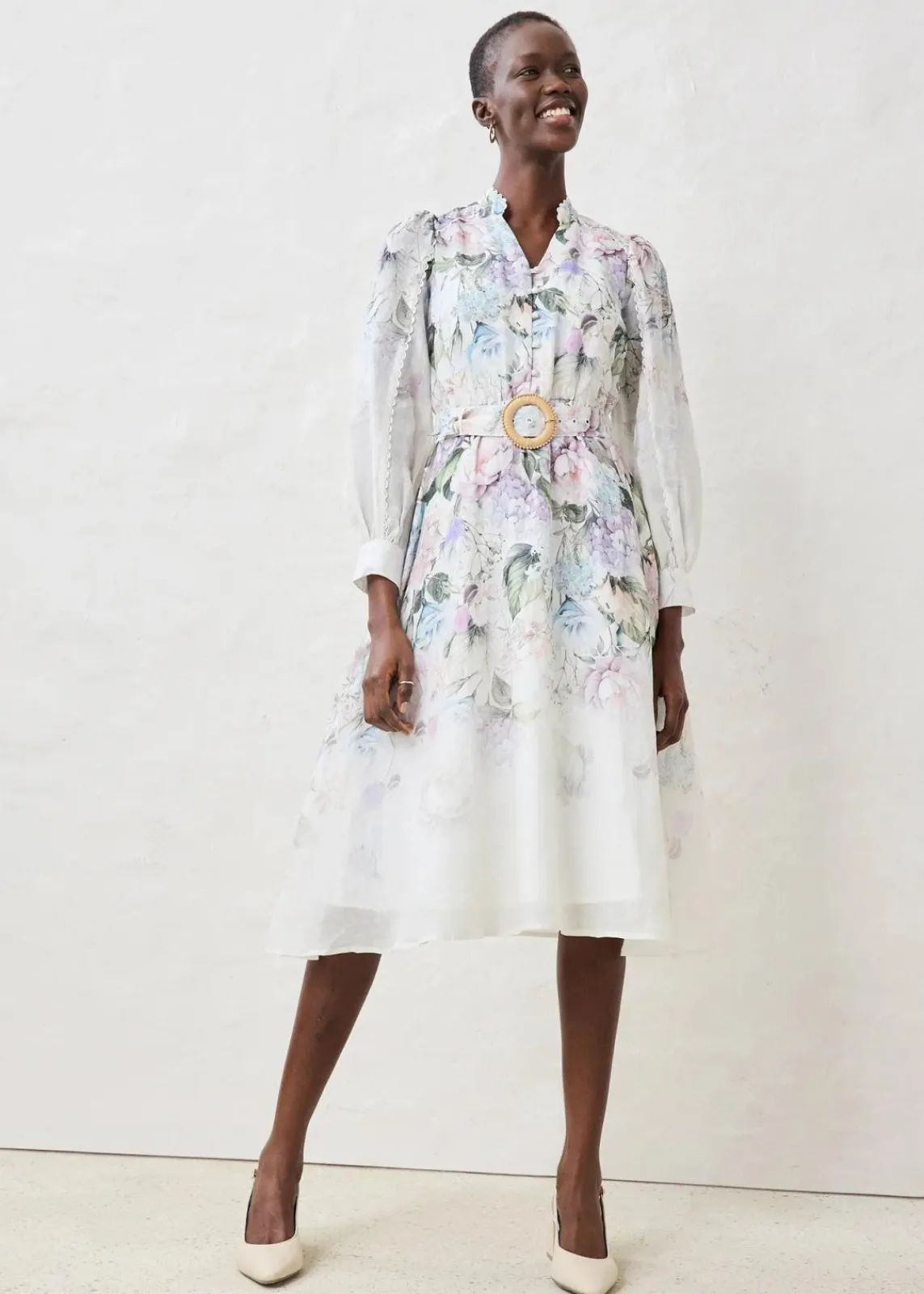 bonprix Premium|Kleider^Midikleid aus Ramie (2 tlg.Set mit Gürtel) puderflieder floral