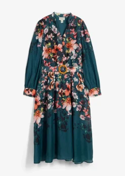 bonprix Kleider^Midikleid aus Ramie (2 tlg.Set mit Gürtel) pfeffergrün floral