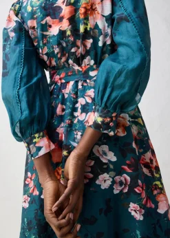 bonprix Kleider^Midikleid aus Ramie (2 tlg.Set mit Gürtel) pfeffergrün floral