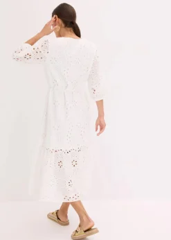 bonprix Kleider^Midikleid aus reiner Baumwolle mit Lochstickerei wollweiß