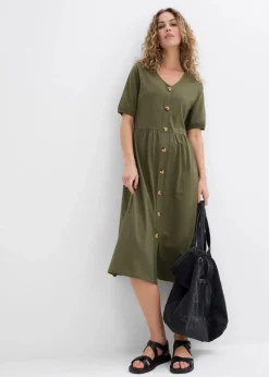 bonprix Bekleidung·Pullover & Strickjacken|Kleider^Midikleid aus reiner Baumwolle dunkeloliv