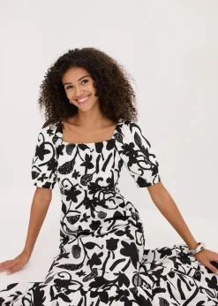 bonprix Kleider|Bekleidung·Pullover & Strickjacken^Midikleid aus reiner Bio-Baumwolle schwarz/cremeweiß floral