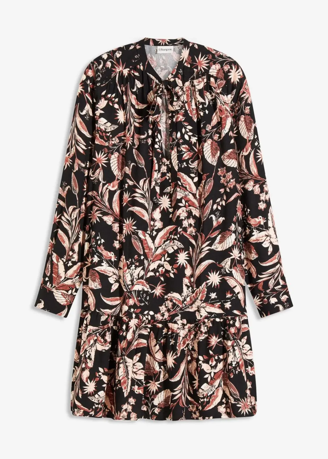 bonprix Kleider|Bekleidung·Pullover & Strickjacken^Midikleid aus reiner Viskose dunkelgrau/muskatbraun/hellbraun floral