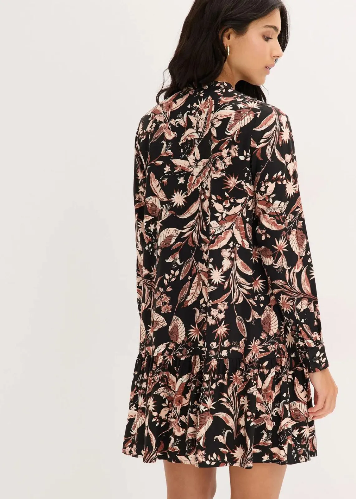 bonprix Kleider|Bekleidung·Pullover & Strickjacken^Midikleid aus reiner Viskose dunkelgrau/muskatbraun/hellbraun floral