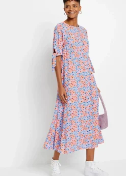 bonprix Nachhaltigere Materialien|Kleider^Midikleid aus reiner Viskose hellviolett/softorange geblümt