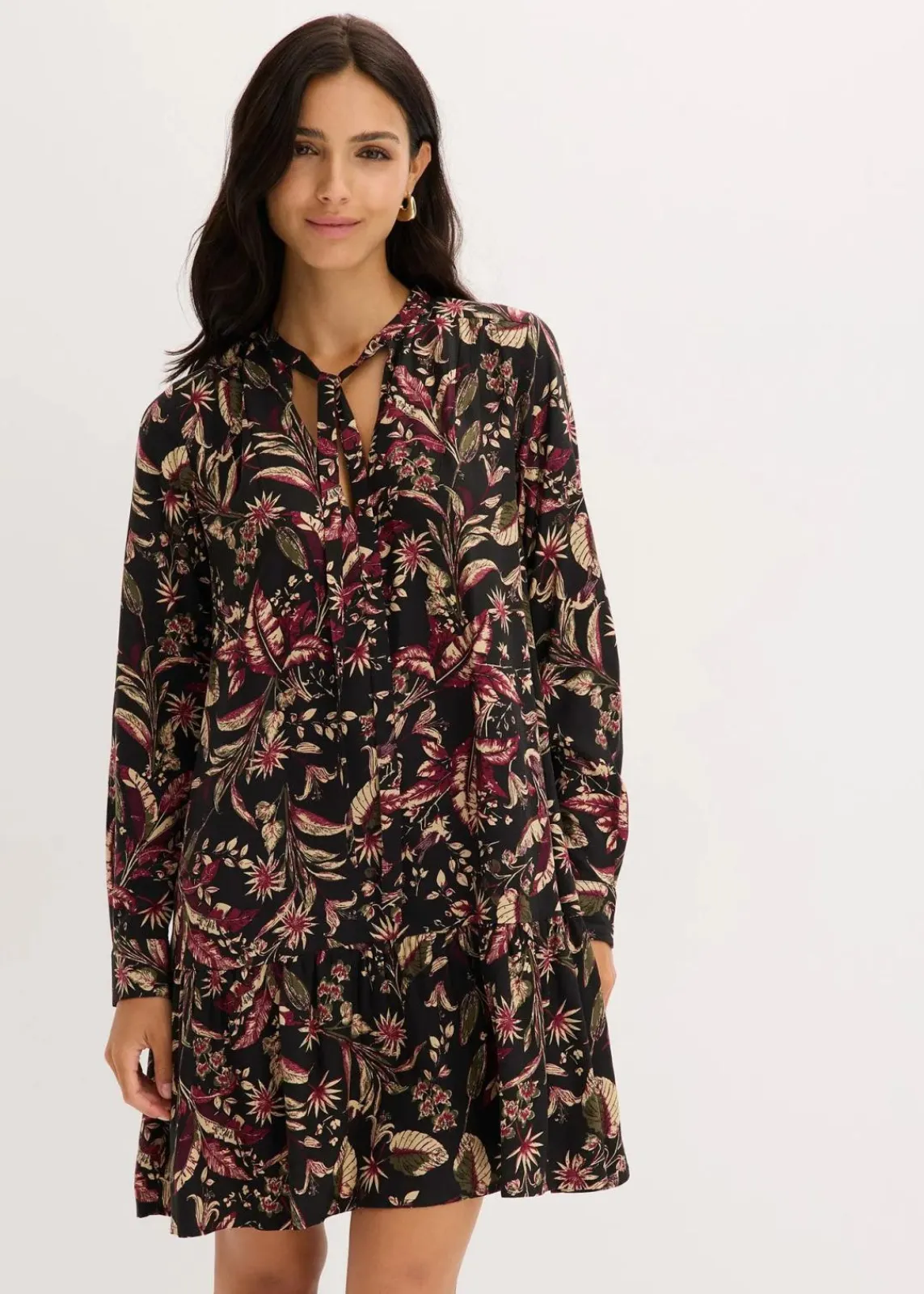 bonprix Bekleidung·Pullover & Strickjacken|Kleider^Midikleid aus reiner Viskose dunkelgrau/rhododendronrot/grünbeige floral