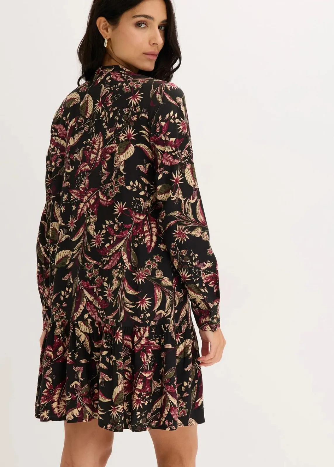 bonprix Bekleidung·Pullover & Strickjacken|Kleider^Midikleid aus reiner Viskose dunkelgrau/rhododendronrot/grünbeige floral