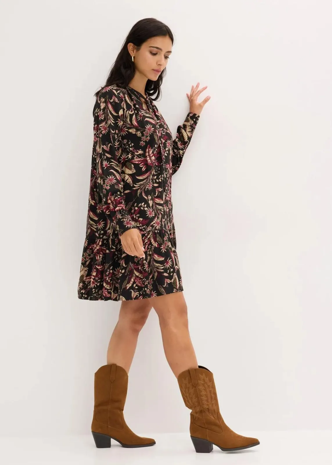 bonprix Bekleidung·Pullover & Strickjacken|Kleider^Midikleid aus reiner Viskose dunkelgrau/rhododendronrot/grünbeige floral