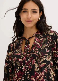 bonprix Bekleidung·Pullover & Strickjacken|Kleider^Midikleid aus reiner Viskose dunkelgrau/rhododendronrot/grünbeige floral