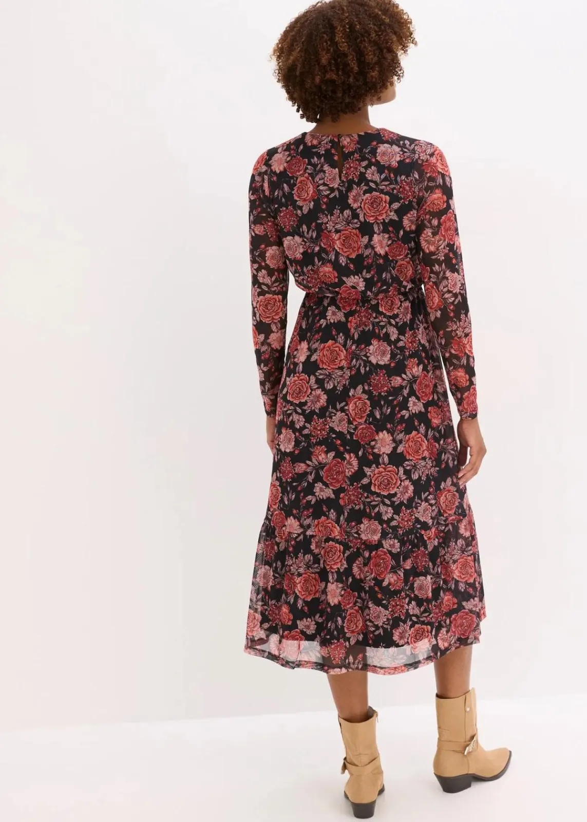 bonprix Kleider|Bekleidung·Pullover & Strickjacken^Midikleid aus softem Mesh schwarz geblümt