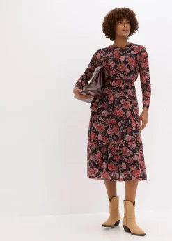 bonprix Kleider|Bekleidung·Pullover & Strickjacken^Midikleid aus softem Mesh schwarz geblümt