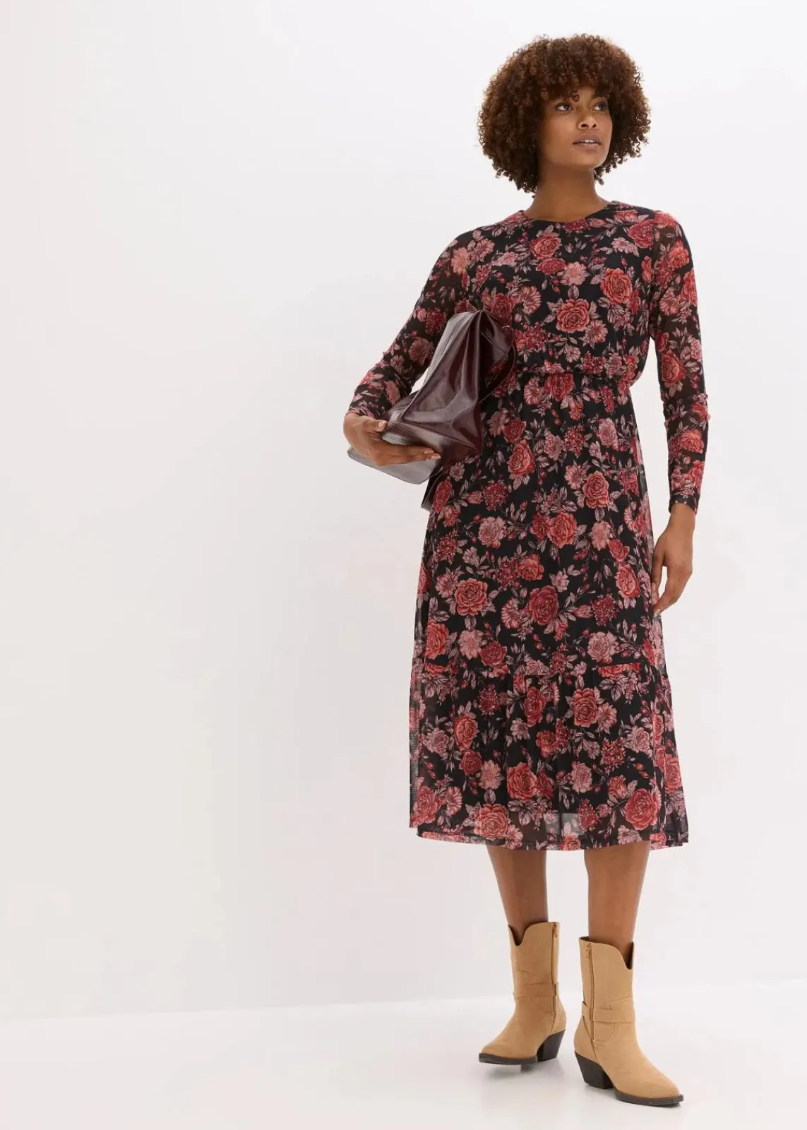 bonprix Kleider|Bekleidung·Pullover & Strickjacken^Midikleid aus softem Mesh schwarz geblümt