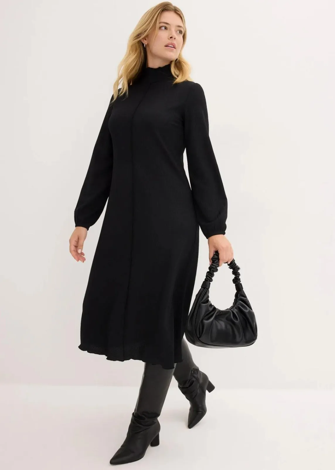 bonprix Bekleidung·Pullover & Strickjacken|Nachhaltigere Materialien^Midikleid aus strukturiertem Crêpe schwarz