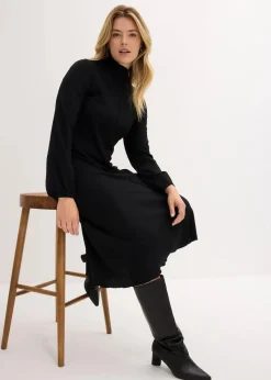 bonprix Bekleidung·Pullover & Strickjacken|Nachhaltigere Materialien^Midikleid aus strukturiertem Crêpe schwarz