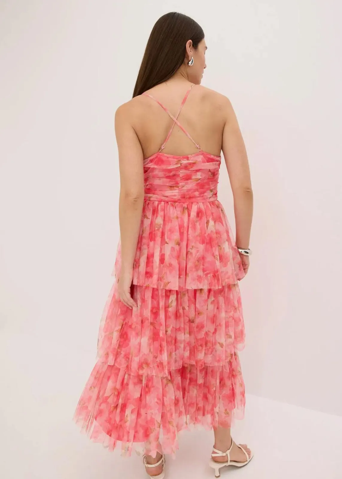 bonprix Festliche Mode|Kleider^Midikleid aus zartem Tüll mit Volants pink geblümt