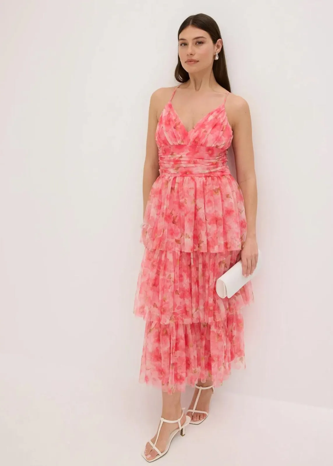 bonprix Festliche Mode|Kleider^Midikleid aus zartem Tüll mit Volants pink geblümt