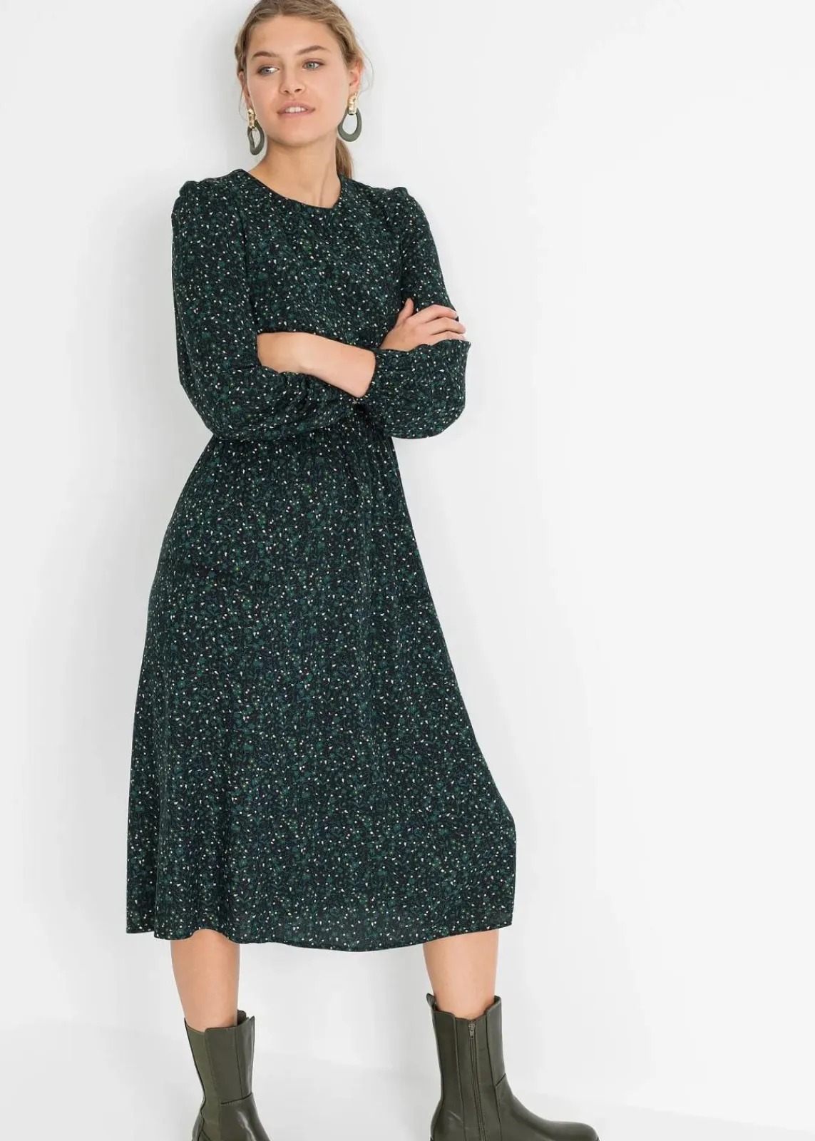 bonprix Kleider|Nachhaltigere Materialien^Midikleid mit Blumenprint schwarz/petrolgrün geblümt