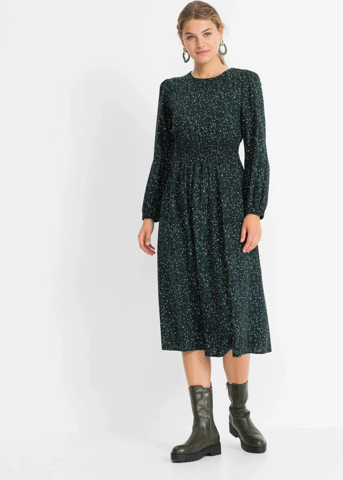 bonprix Kleider|Nachhaltigere Materialien^Midikleid mit Blumenprint schwarz/petrolgrün geblümt