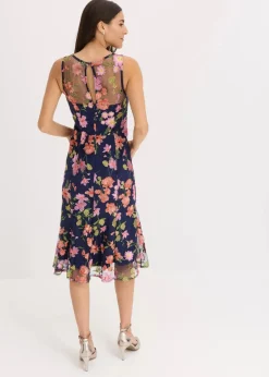 bonprix Bekleidung·Pullover & Strickjacken|Festliche Mode^Midikleid mit floraler Stickerei dunkelblau geblümt