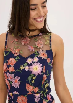 bonprix Bekleidung·Pullover & Strickjacken|Festliche Mode^Midikleid mit floraler Stickerei dunkelblau geblümt