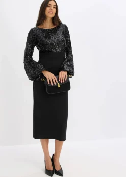 bonprix Bekleidung·Pullover & Strickjacken|Festliche Mode^Midikleid mit Pailletten schwarz