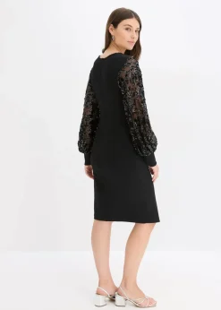 bonprix Bekleidung·Pullover & Strickjacken|Festliche Mode^Midikleid mit Paillettenstickerei an den Ärmel schwarz