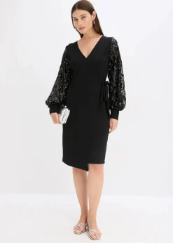bonprix Bekleidung·Pullover & Strickjacken|Festliche Mode^Midikleid mit Paillettenstickerei an den Ärmel schwarz