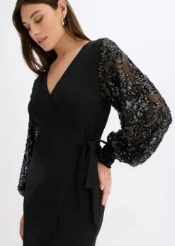 bonprix Bekleidung·Pullover & Strickjacken|Festliche Mode^Midikleid mit Paillettenstickerei an den Ärmel schwarz