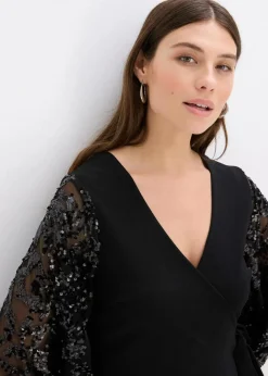 bonprix Bekleidung·Pullover & Strickjacken|Festliche Mode^Midikleid mit Paillettenstickerei an den Ärmel schwarz
