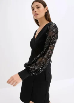 bonprix Bekleidung·Pullover & Strickjacken|Festliche Mode^Midikleid mit Paillettenstickerei an den Ärmel schwarz